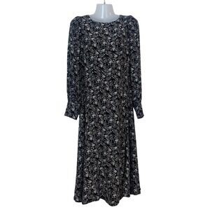 LOFT Women's Size 0 Black Floral Long Sleeve Classic Midi Dress Crew Neck Boho